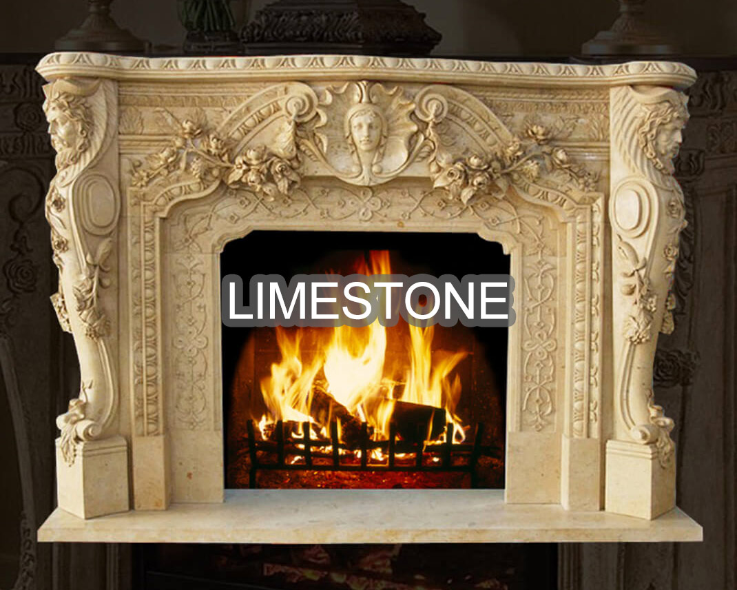 Limestone fireplace