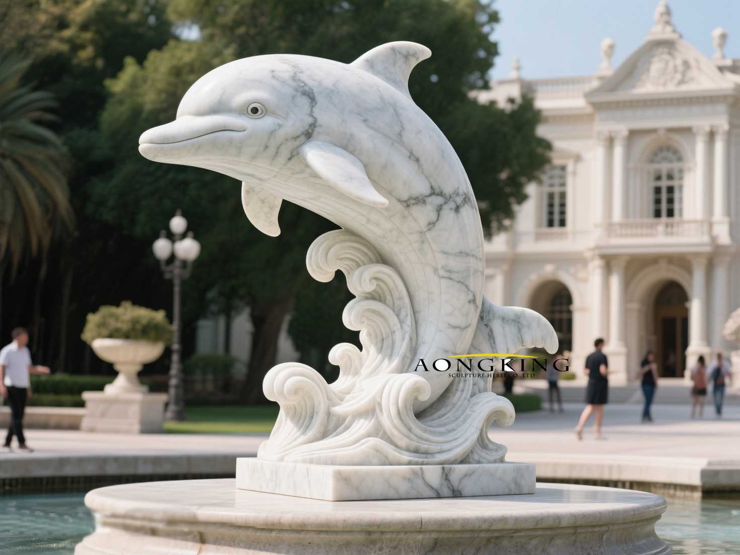 Fountain Centerpiece "Leaping Spire" Stone Dolphin Sculpture Suspended in Air