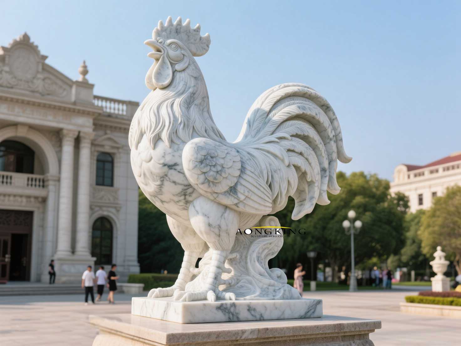 Striated White Marble Lifelike Standing Crowing Chicken Large Rooster Sculpture