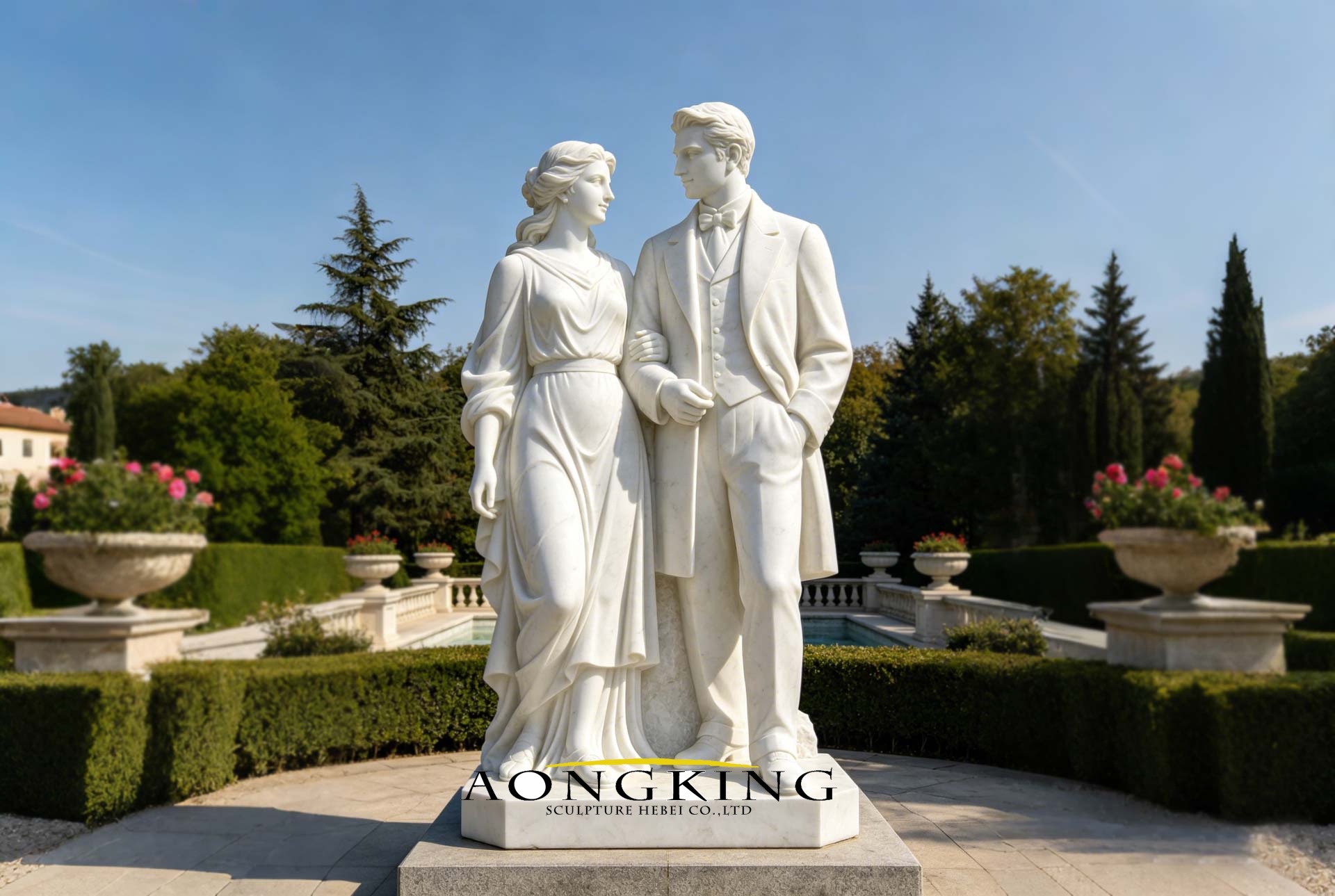 garden decor white marble couple statue
