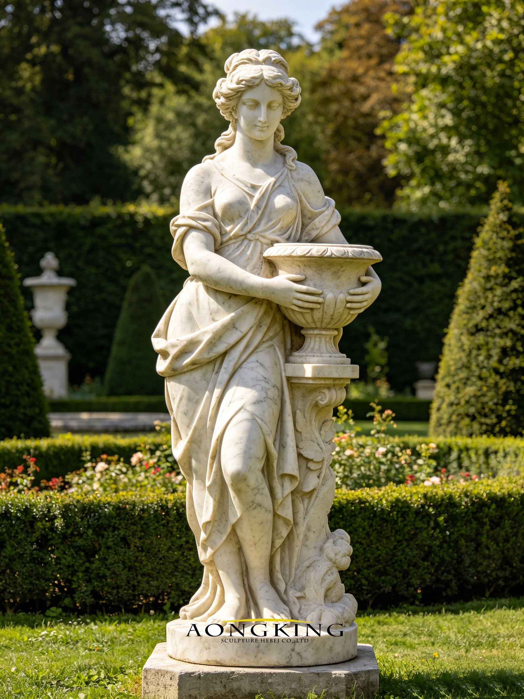 stone lady statue with pot