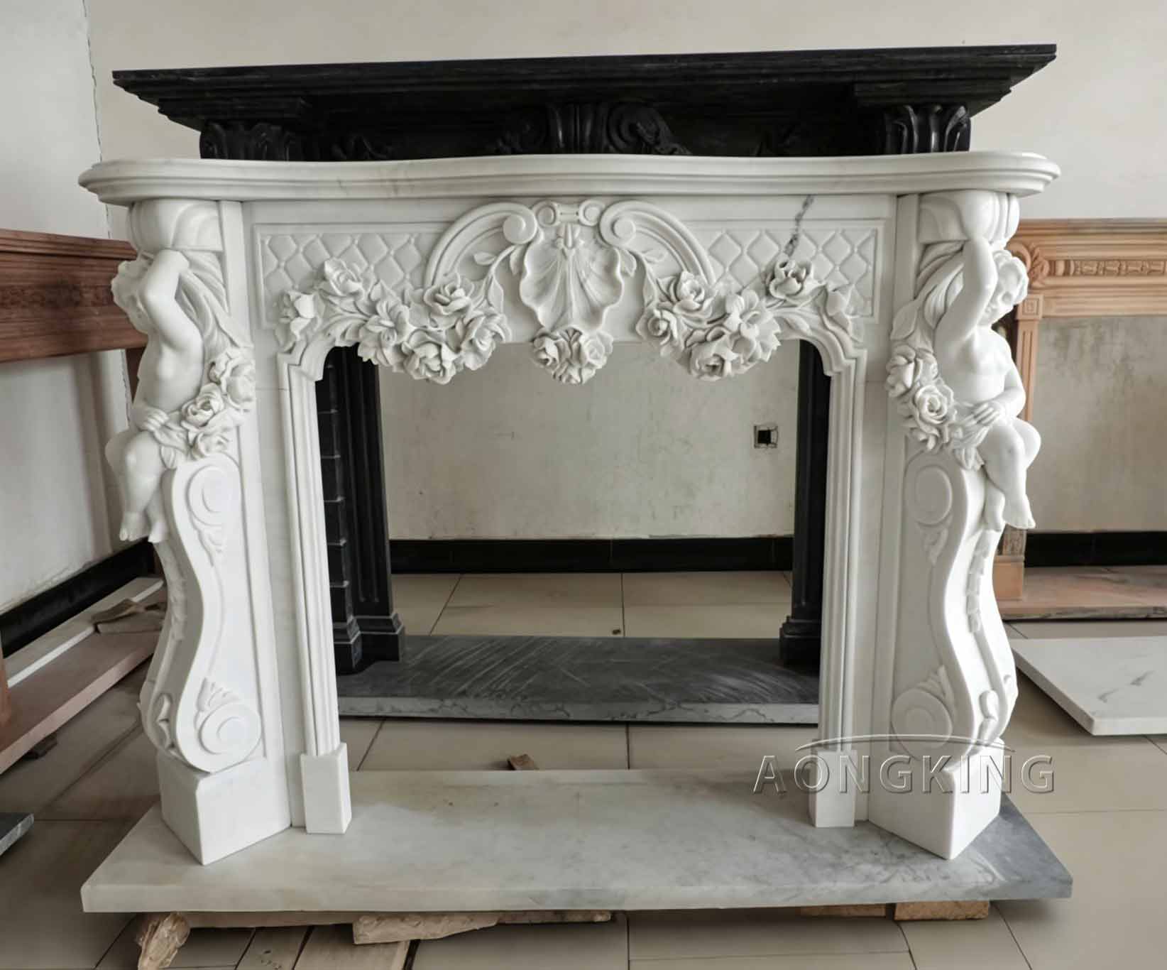 Dimensional twin cherub sculptures commercial marble fireplace luxury villas