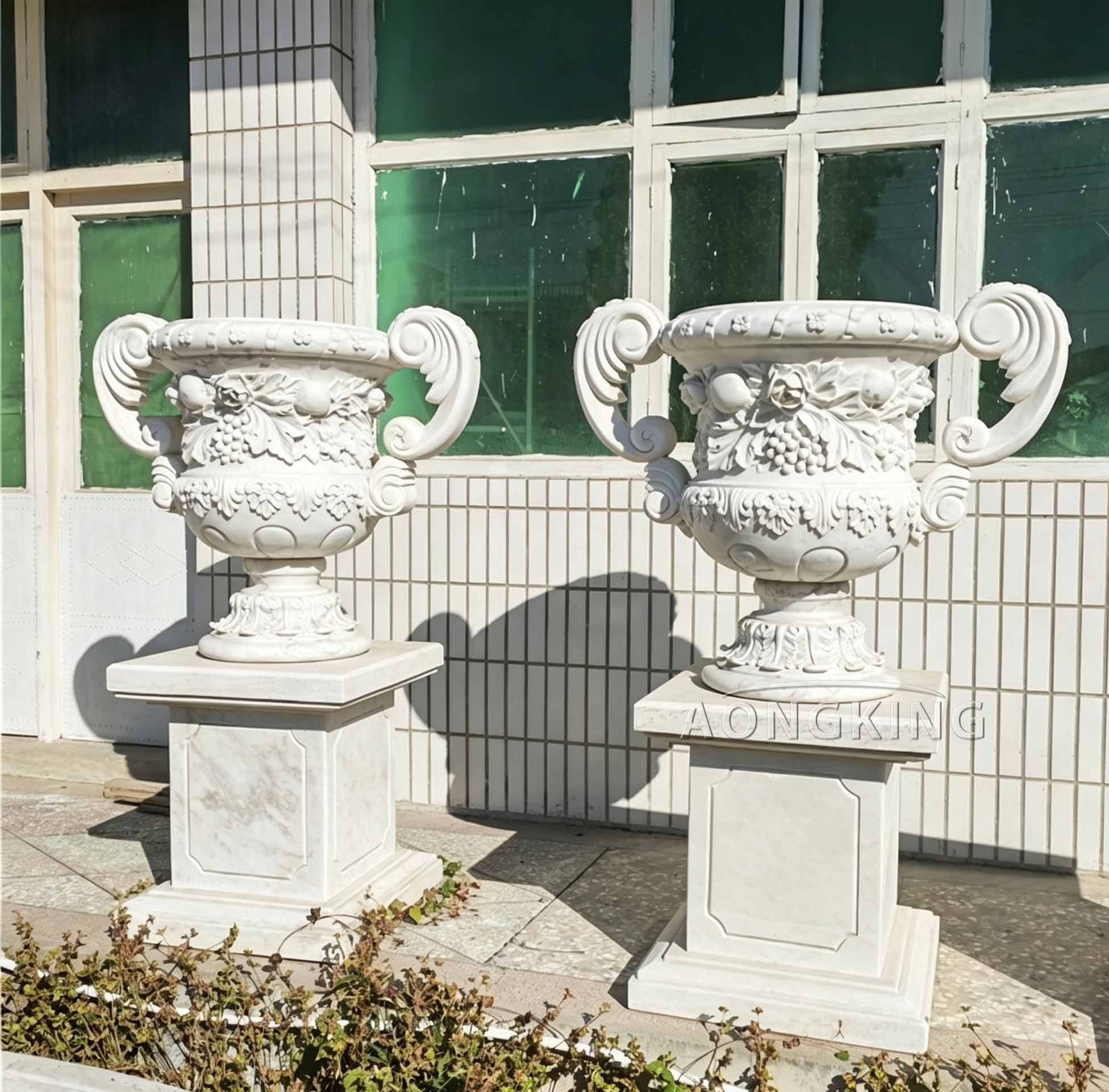 European style manor villa entrance features hand-polished marble pots