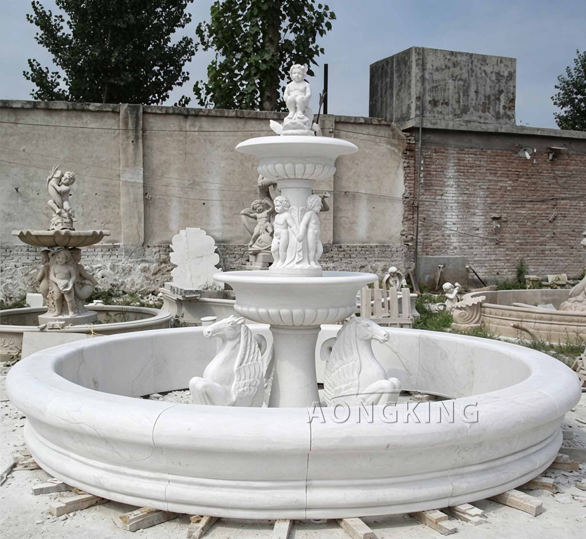 White Marble Backyard Water Fountain with Cherub Sculptures Bottom Winged Horse Sculptures