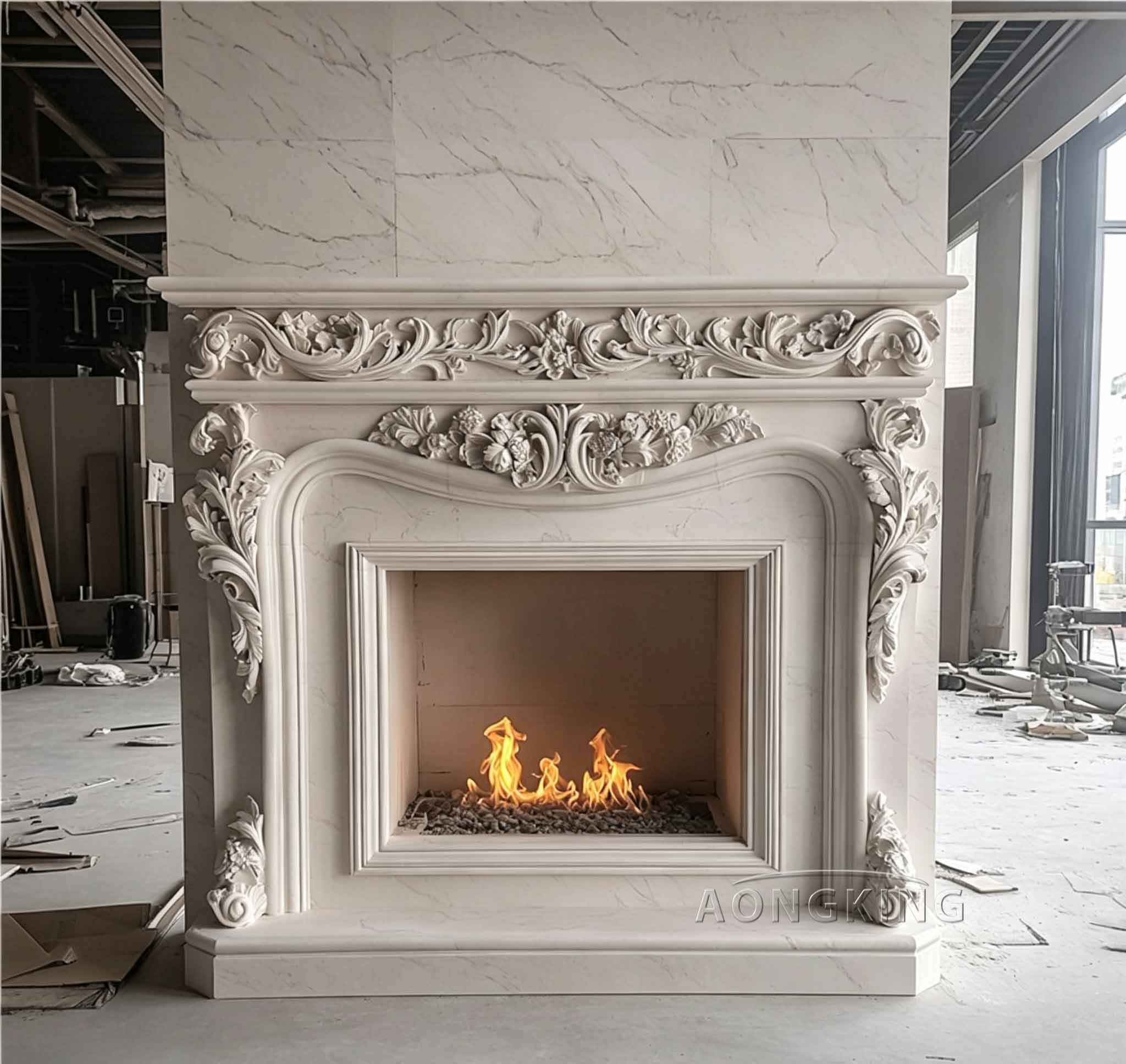 Intricate floral leaf carvings beige marble fireplace french fine dining