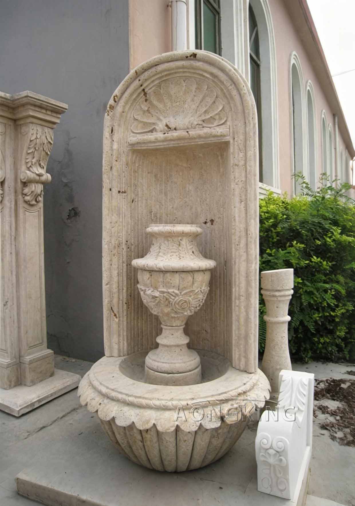 Fine carved beige travertine wall fountain commercial landscape art decor