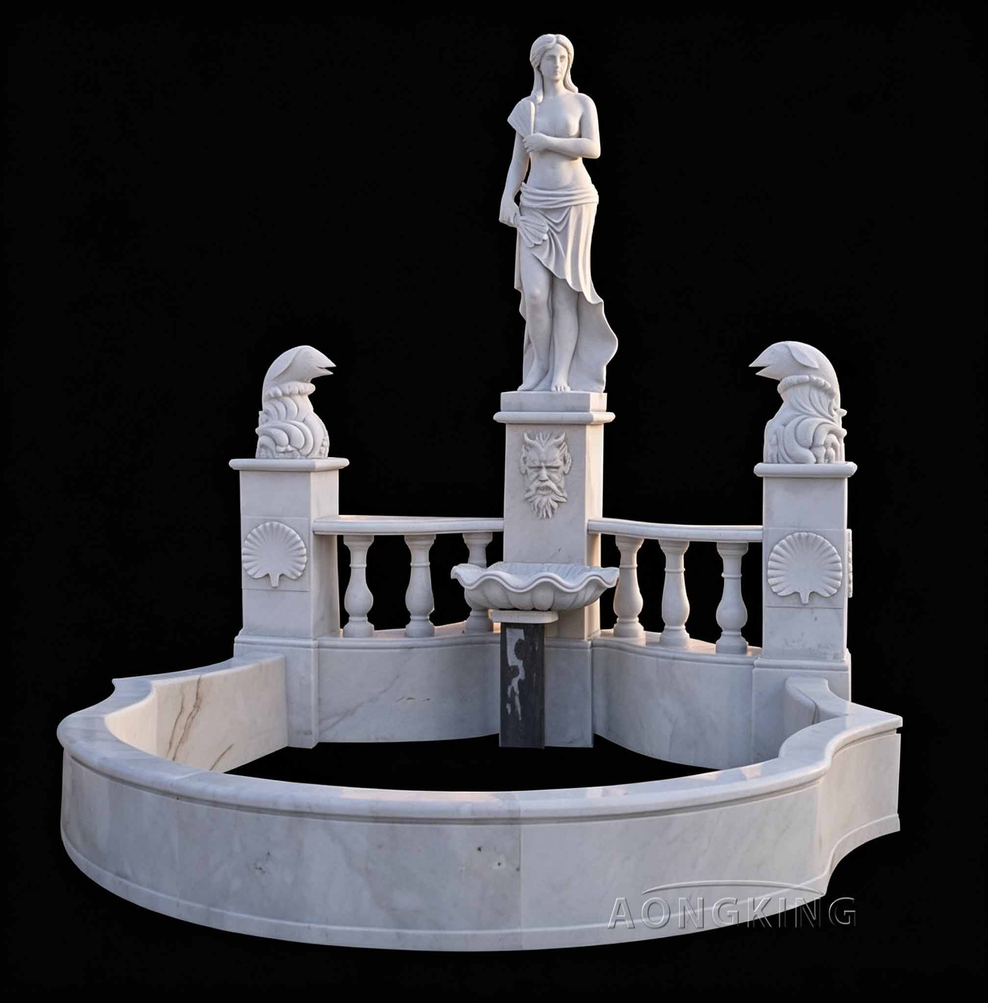 White marble semi circular standalone portrait fountain upscale resort