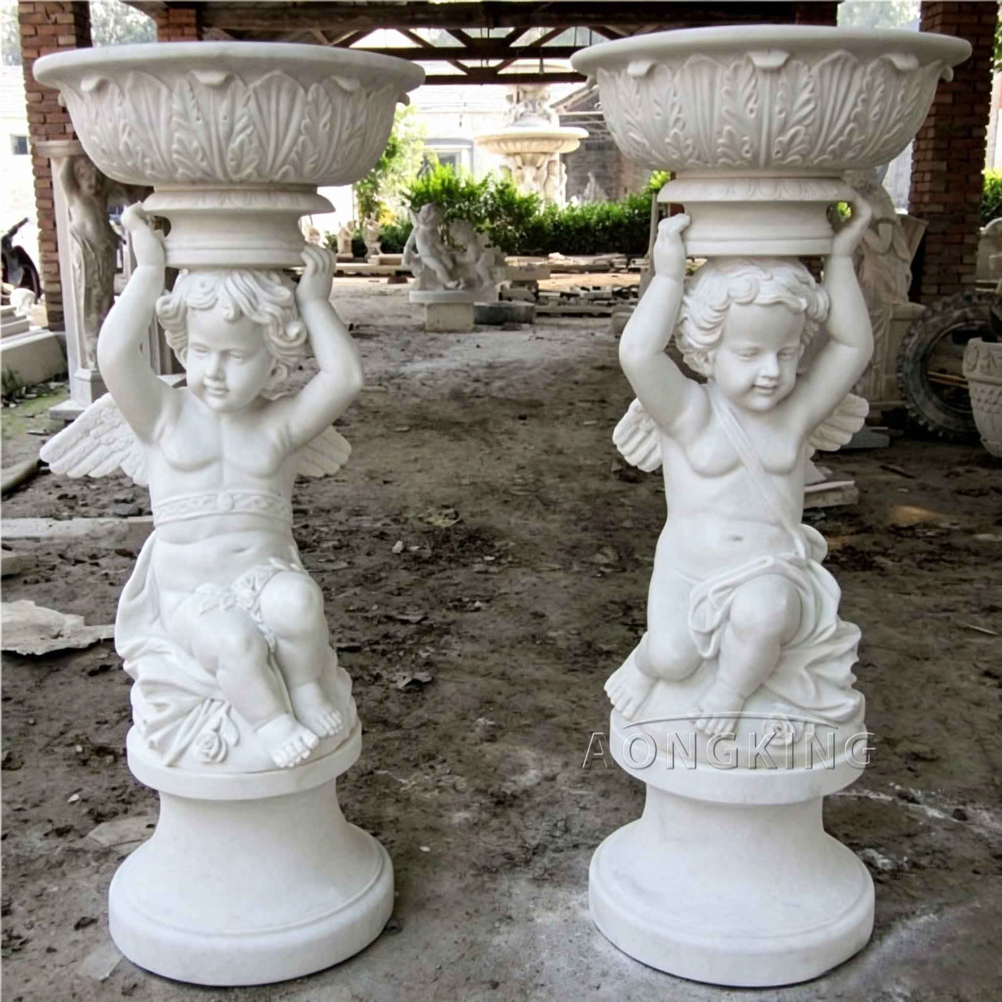 High end custom marble angel baby pedestal flower potbase garden dynamic beauty
