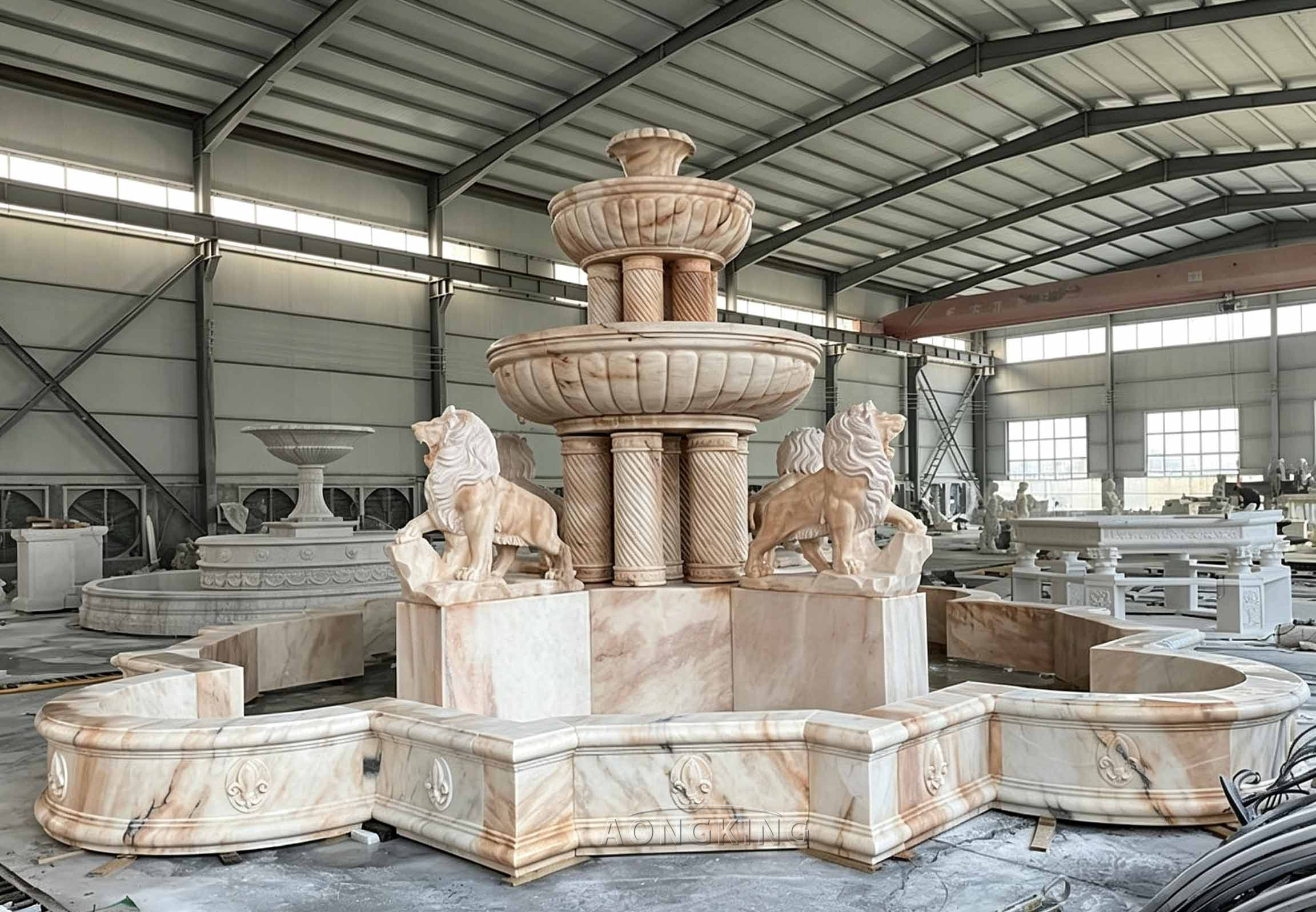 large tiered lion fountain with basin